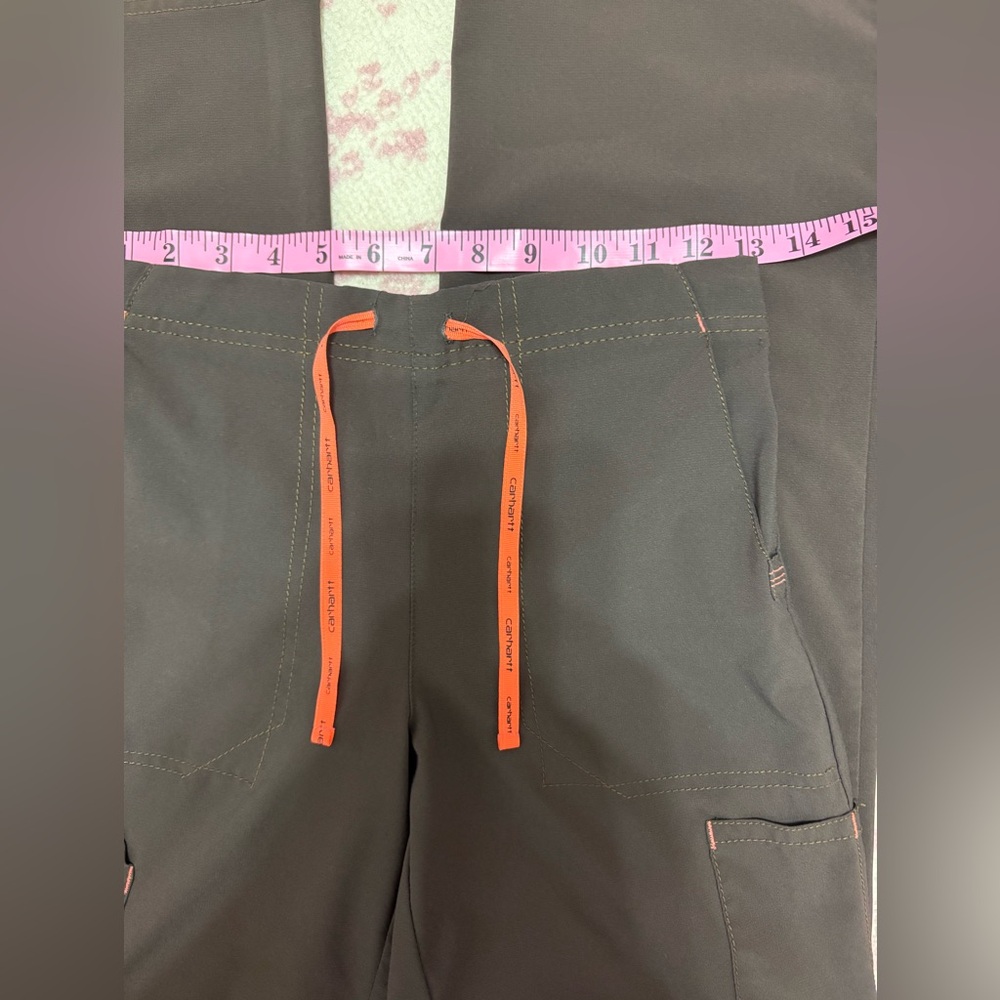 Carhartt Force Dark Brown Cargo Scrub Pants with Bright Orange Drawstring XS - Picture 3 of 11
